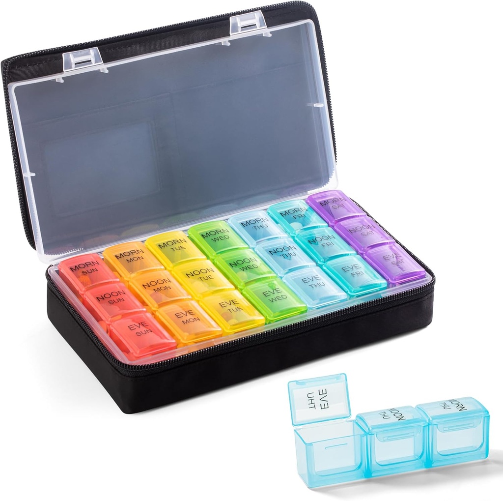 Ugentlig Pill Organizer 3 gange om dagen - Pill Box 7 Dag 3 gange om dagen med Cute Fabric Zipper Bag- Travel Pill sag 7 Dag 3 gange om dagen for Vitamin Medicine Organizer