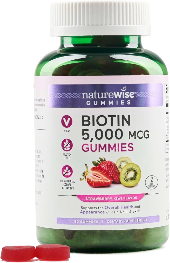 NatureWise Biotin Gummies - Understøtter sundt hår, hud og stærke negle - vitamin B7 5000mcg - Natural Beauty - Strawberry- Kiwi Flavor - Vegan, Non- GMO, Gluten Free - 90 Greve [45 Day Supply]