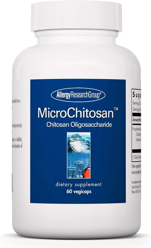 Allergy Research Group MicroChitosan Supplement - Chitosan, Chitosan Oligosaccharide, Cleansing Support Binder, Forbedret afgiftning, 1800 mg vegetariske piller - 60 Greve