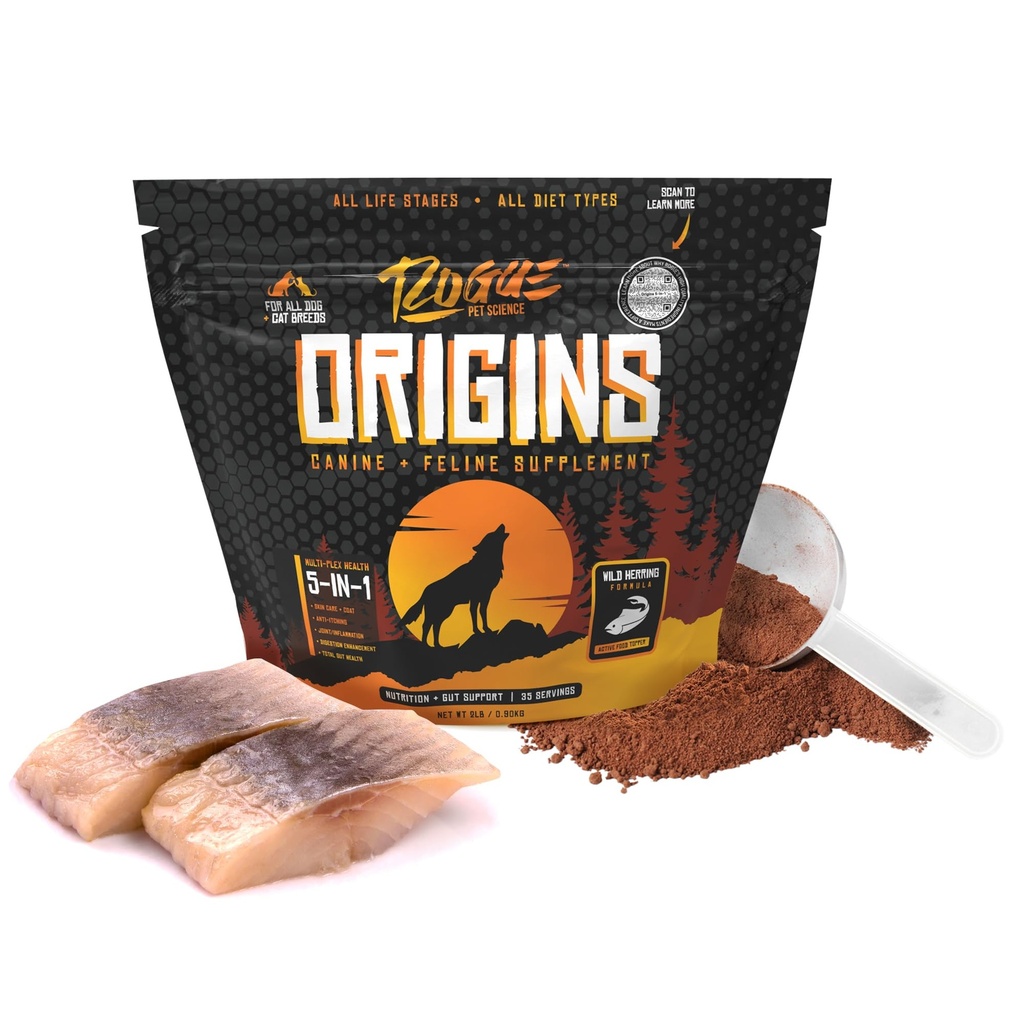 ROGUE PET VIDENSKAB Origin 5-in-1 hund supplement - pulveriseret mad topper w / Natural Omega 3 Fish Oil - Understøtter sund fordøjelse, hud, og Coat - Hjælper med at reducere kløende & fælles inflammation (2 lbs)