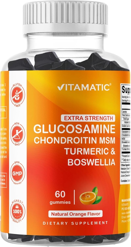 Vitamatic Extra Strength Glucosamine Chondroitin Gummies med MSM, Gurkemeje & Boswellia - 60 Pectin- baserede Gummies Advanced Joint Support Formel - Sugar- Free, Non- GMO, Gelatin- Free