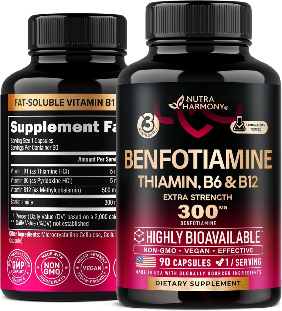 Benfotiamin 300 mg - Nerve Support, Energi & Metabolisme Support - Benfotiamin Supplement Fat- Opløselig vitamin B1 - Meget biotilgængelig & Absorb - med thiamin, vitamin B12 & B6 - 90 kapsler
