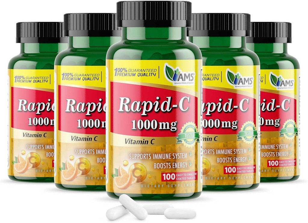 America Medic & Science Rapid- C 1000mg C-vitamin supplement (5 pakke med 100 tabletter) Energy Booster, Daglig immunsystem support, Antioxidant stålet 124; Vegan, Non- GMO coated Ascorbic Acid til voksne mænd og kvinder