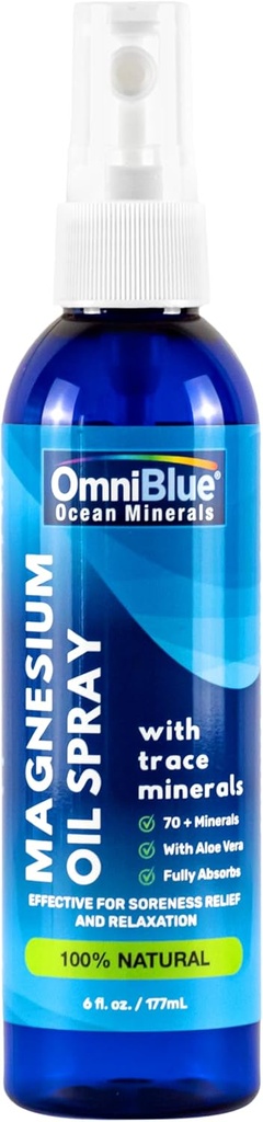 OmniBlue Magnesium & Ocean Mineral Spray- Topical, Ionic & Bioavailable Trace Minerals - Relief for ømhed, kramper, nitter og søvn - Spray Absorbs Fast, Ingen Sting - USA Made (6oz)