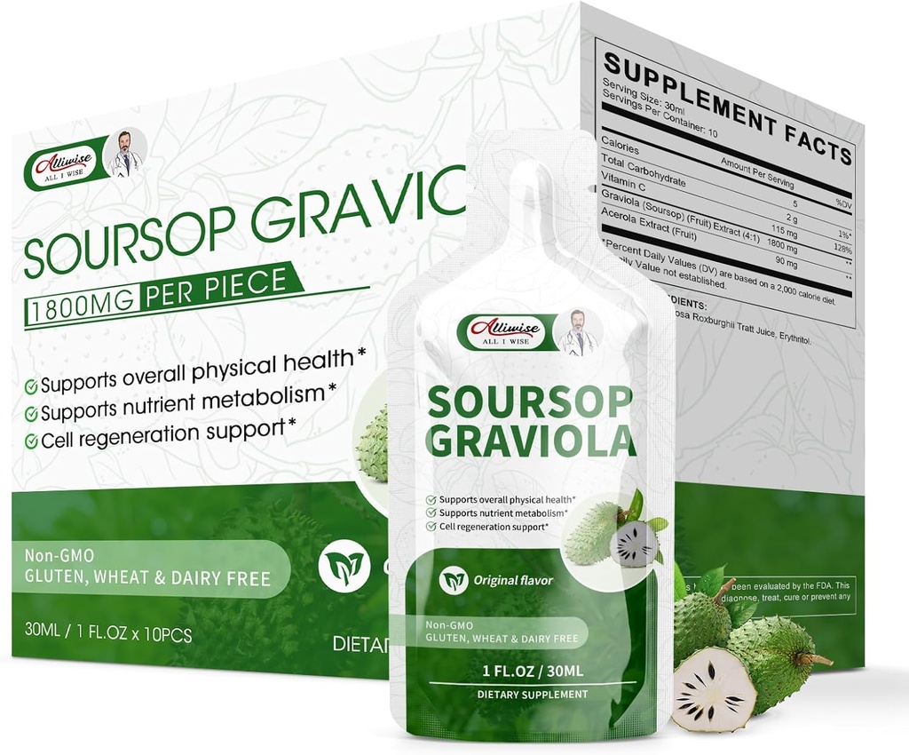 Soursop Graviola Liquid, Soursop Extract Organic Pure for Cell Support & Regeneration, Immunboost, High Absorption Soursop Bitters Drink / Oral Opløsning -10 FL OZ