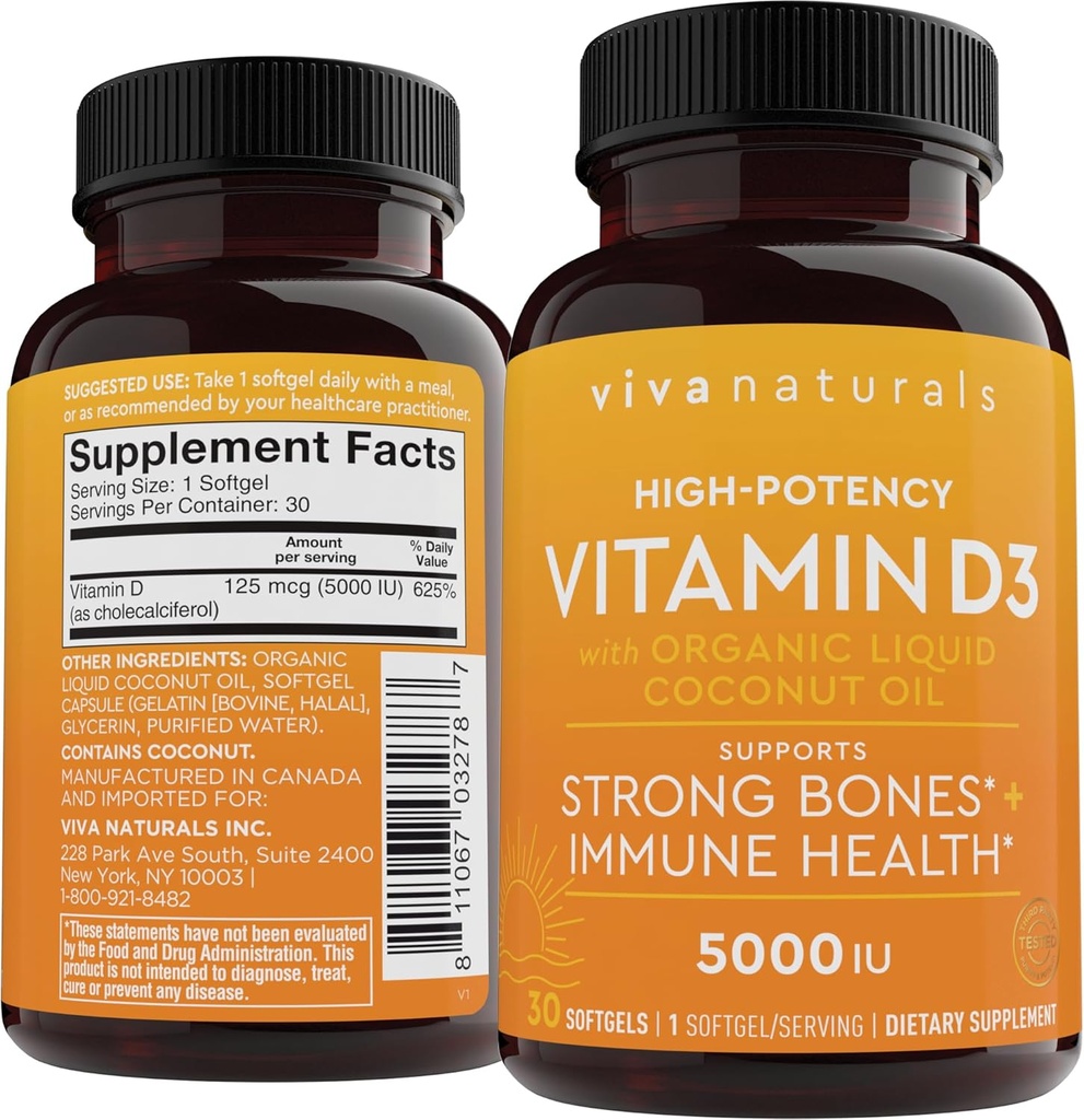 D3 vitamin 5000 IE Softgels (125 mcg), 30 Softgels - High Potency Vitamin D Kosttilskud til sund immunfunktion, Bones & Muscles - Lavet med organisk flydende kokosolie