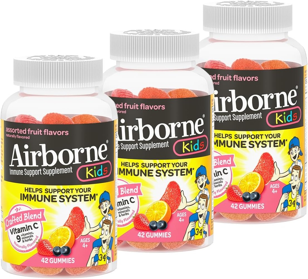 Airborne 500mg C-vitamin + Zink immunforsvar supplement Gummies for Kids, Diverse Fruit Flavor, Gluten Free Crafted Blend med kraftfulde antioxidanter Vitamin C & E, 42 Gummies (3 Pack)