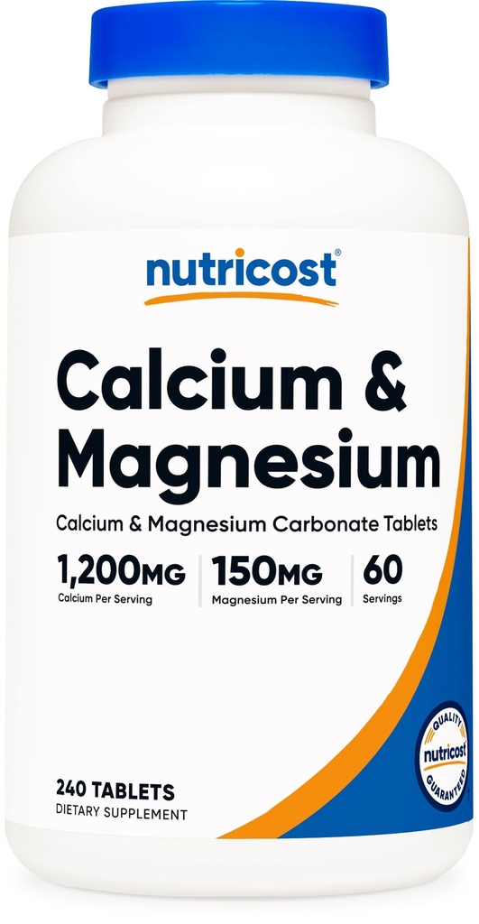 Nutricost Calcium & Magnesium Carbonat 240 tabletter, 1200mg Ca & 150mg Mg per Servering, 60 Server- Gluten Gratis, Non- GMO