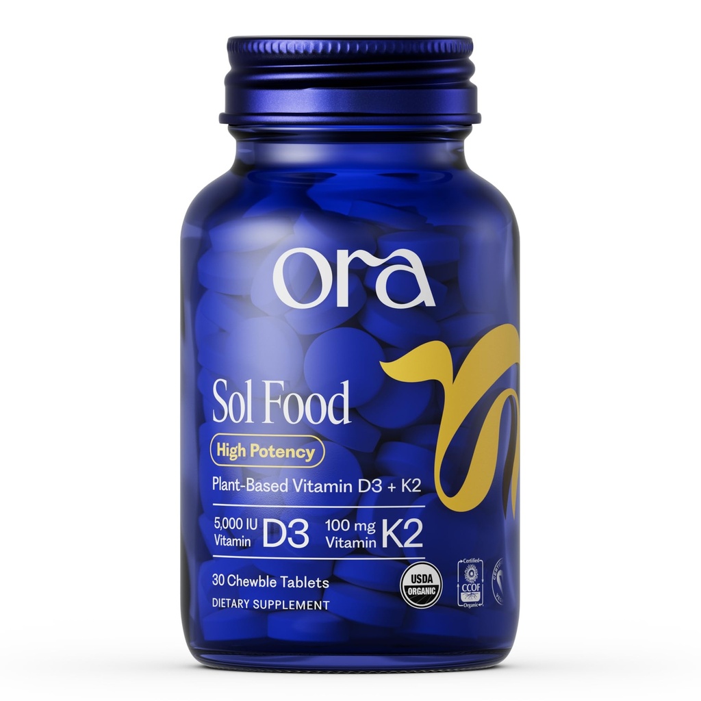 Ora Organic Vitamin D3 5000IE + K2 - Vegansk D-vitamin fra Lichen og K2 fra Kikærter til Knoglehygiejne, Immunstøtte, & Mood, Maksimal Absorption - 1 måned Tilgang, 30 tyggetabletter