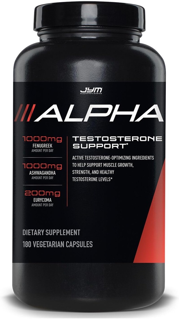 Alpha JYM Testosteron Support; Mand Vitality, Hormone Optimering, Ashwagandha, Fenugreek, Eurycoma, Damiana, Quercetin, DIM; JYM Supplementary Science; 124; 180 Vegetariske Kapsler