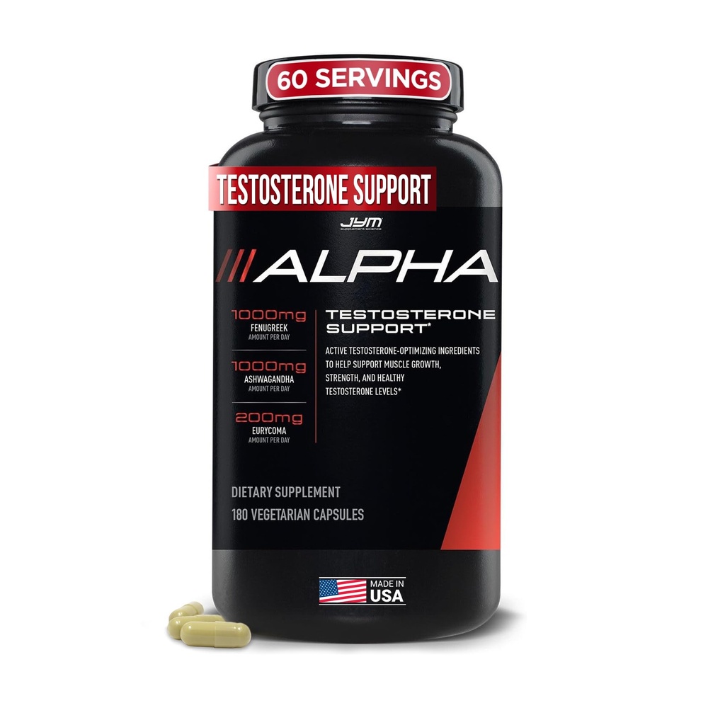 Alpha JYM Testosteron Support; Mand Vitality, Hormone Optimering, Ashwagandha, Fenugreek, Eurycoma, Damiana, Quercetin, DIM; JYM Supplementary Science; 124; 180 Vegetariske Kapsler