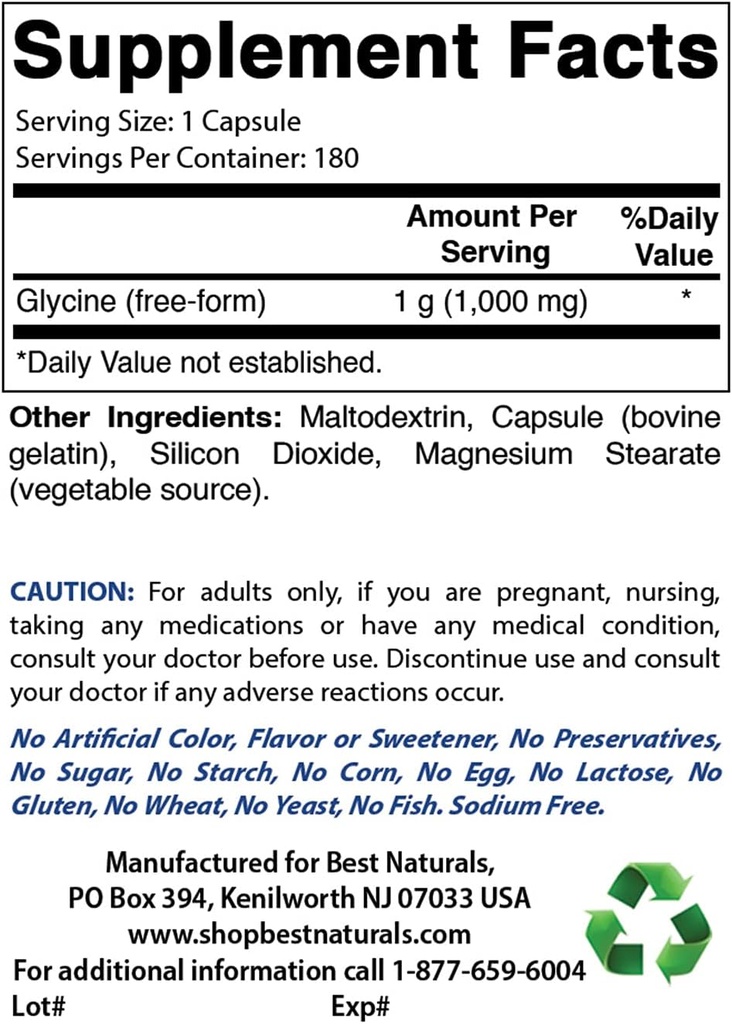 Bedste Naturals Glycin Supplement 1000 Mg & Inositol pulver 1 Lb