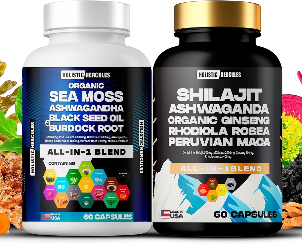 Holistisk Hercules Classic Combo Bundle - Sea Moss 3000mg, Black Seed 2000mg, Ashwagandha 1000mg, Shilajit 5000mg, Panax Ginseng 1500mg, Peruvian Maca 2000mg, Alle i 1 Kosttilskud Pack