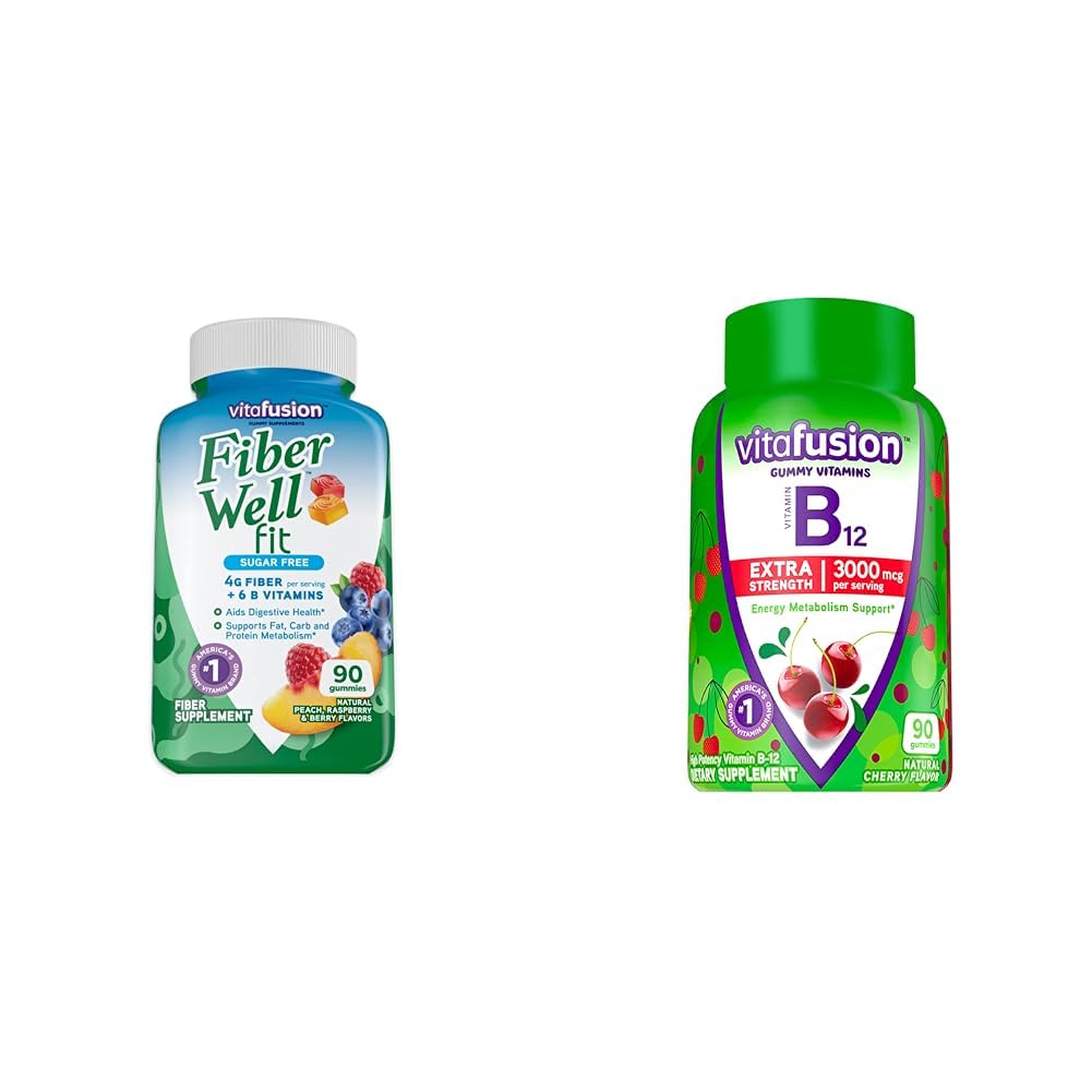 Viafusion Fiber Well Fit Gummies Supplement, 90 Count (Packaging May Vary) & Ekstra styrke Vitamin B12 Gummy Vitamin til energimetaboliske støtte