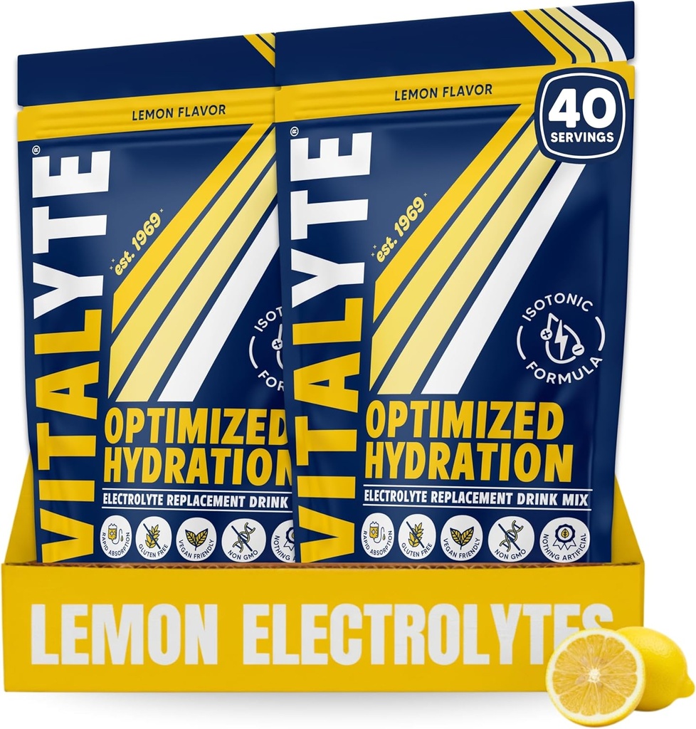 Vitalyte Electrolyte Powder Drink Mix, Isotonic Electrolyte Hydration Mix, Gluten Free Post Workout Powder Mix, Pack of 2, 35 oz. Hver, Lemon Flavor
