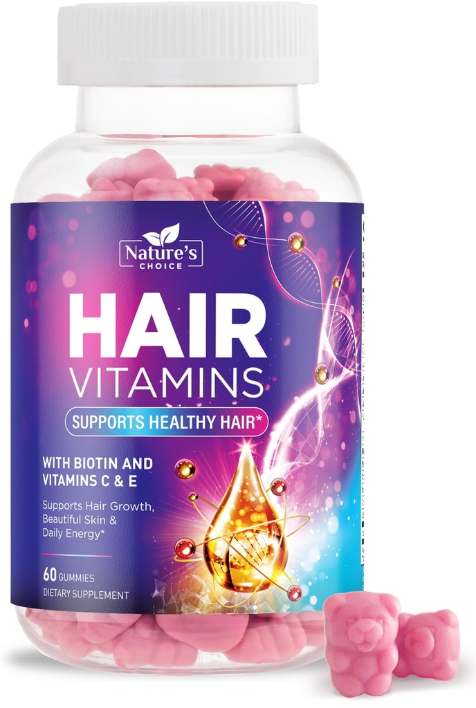 Hår Vitamin Gummier med 5000 mcg biotin, hårvækst Support Gummy, Premium Vegetar Non- GMO med vitaminer E & C for stærkere, Smukke hår, hud & negle, Biotin Gummies Supplement - 60 Gummies