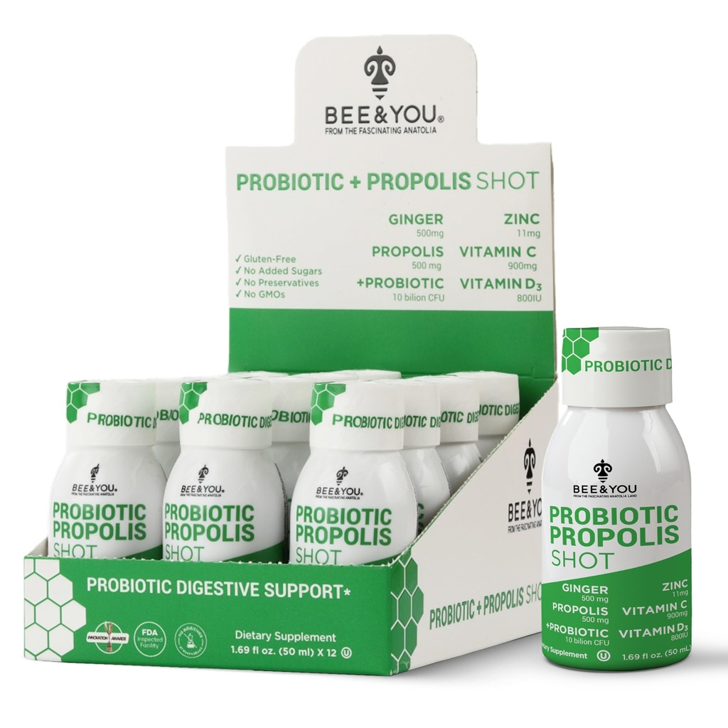 Bee and You Propolis Immune Shot, Probiotic, Vitamin C, Vitamin D3, Zinc, Ginger, Immune Support, Gut Health, Digestive Health, Bioactive 1.69 Fl. oz, 12 Pack