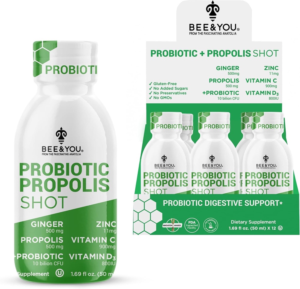Bee and You Propolis Immunshot, Probiotic, C-vitamin, D3-vitamin, Zink, Ginger, immunforsvar, Gut Health, fordøjelsessygdomme, Bioactive 1.69 Fl. oz, 12 Pack