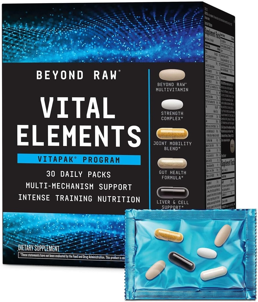 BEYOND RAW Vital Elements Vitapak Program, Nutrition Vitamin pakker til mænd og kvinder, Gut Health Formel, Styrke, NAC, fælles mobilitet, 30 Pakker