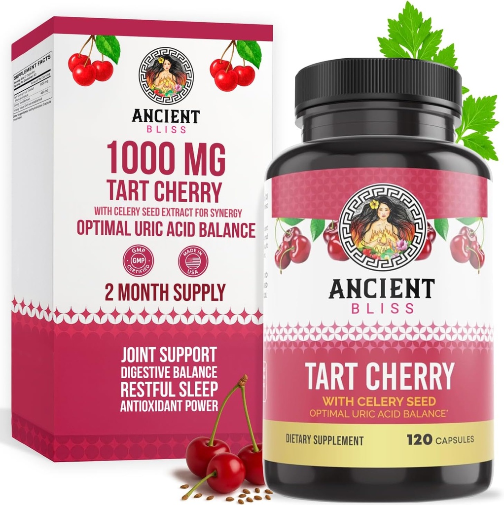 Ancient Bliss Tart Kirsebær Kapsler, Betændelse & Fælles Support for Mænd og Kvinder, Tart Cherry Supplement til Support Fordøjelse, Søvn & Vitality (120 Kapsler)