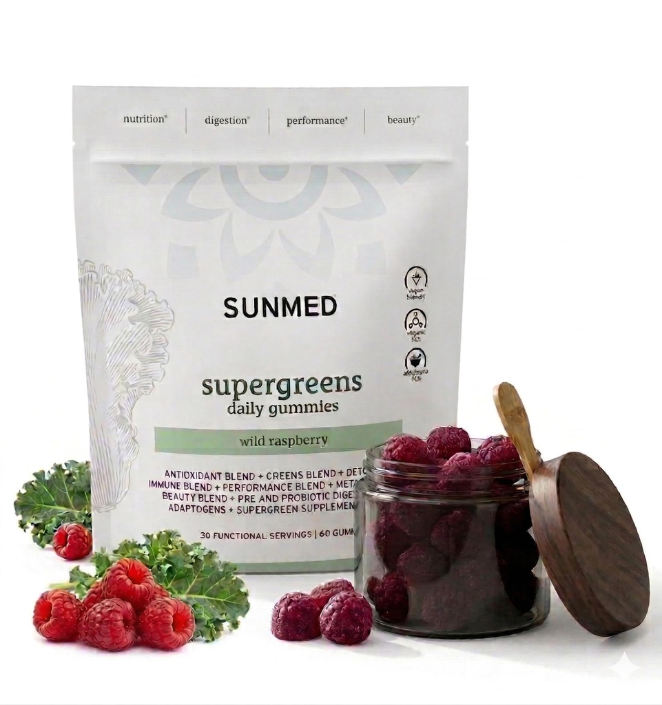 SUNMED Supergreens Daily Gummies - Wellness Blend med Ashwagandha, Green Tea, Spirulina, Probiotika, Antioxidanter & Detox Support for Immunity, Gut, Skin & Brain Health