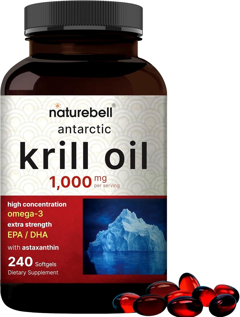 NatureBell Antarctic Krill Oil 1000mg Supplement, 240 Softgels, Natural Source of Omega-3s, EPA, DHA and Astaxanthin - No Aftertaste - Support Heart Health, Mercury Free & Non-GMO