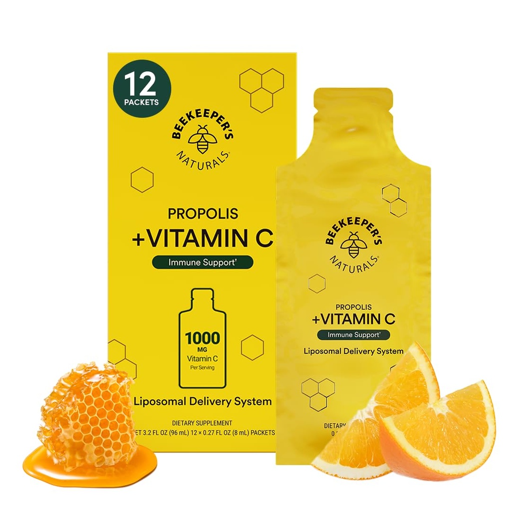 Propolis Liposomal C-vitamin fra Biavler 's Naturals, 1000mg C-vitamin, Propolis & Organic Honey, Supercharged immunsupport & Øget biotilgængelighed for Max Absorption, 12 Ct