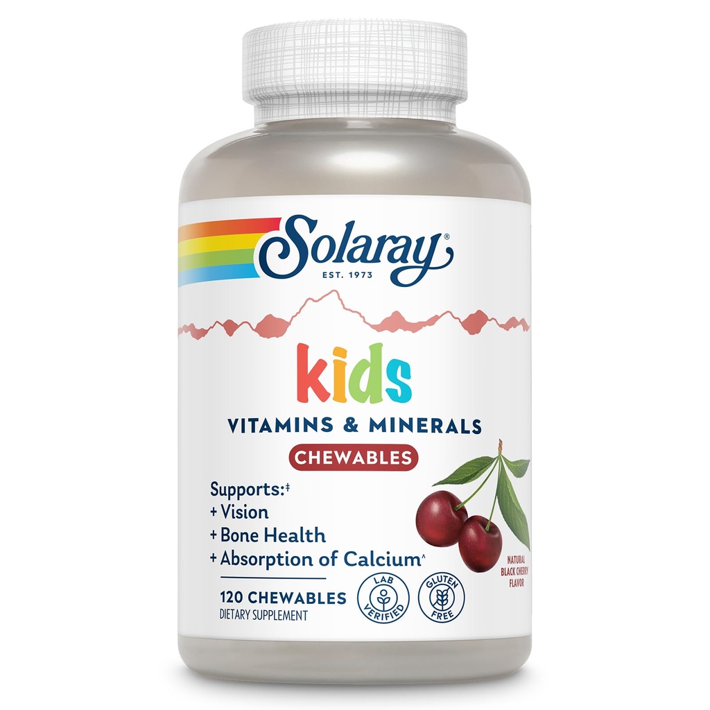 SOLARAY Childrens Vitamin & Minerals Complete Multivitamin for Kids Great Black Cherry Flavor (076280047974) (120 Chews, 60 Serv)
