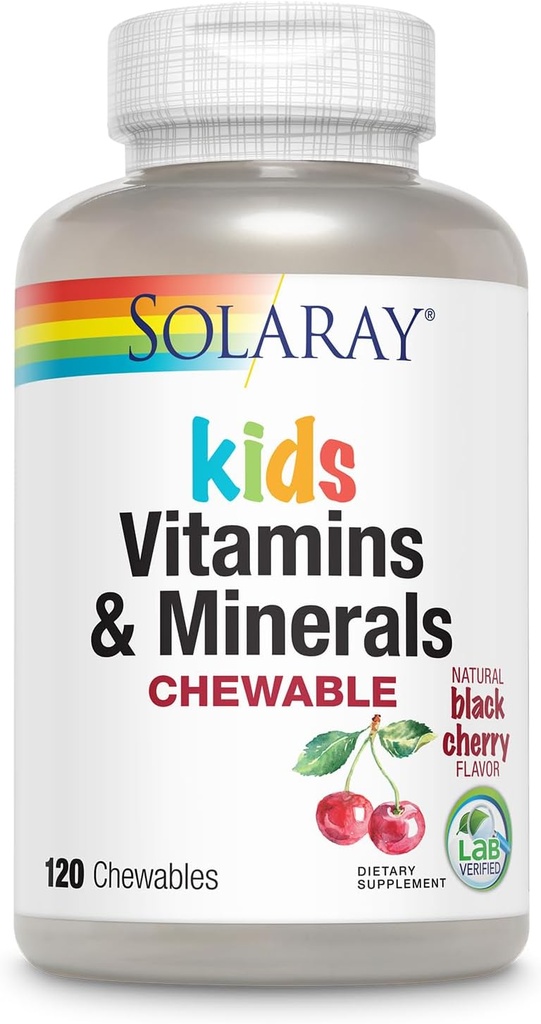 SOLARAY Childrens Vitamin & Minerals Complete Multivitamin for Kids Great Black Cherry Flavor (076280047974) (120 Chews, 60 Serv)