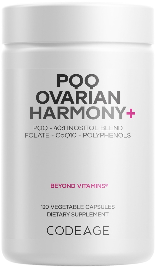 Codeage PQQ Ovarial Harmony + Supplement - PQQ (Pyrroloquinoline Quinone), Myo- Inositol & D- Chiro- Inositol 40: 1 Blend, Folate 5- MTHF, CoQ10, Wild Blueberry - Liposomal Levering - Non-GMO - 120 Kapsler