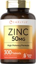 Carlyle Zinc 50mg | 300 Tablets | Vegetarian, Non-GMO, and Gluten Free Supplement | Zinc Gluconate | High Potency Formula