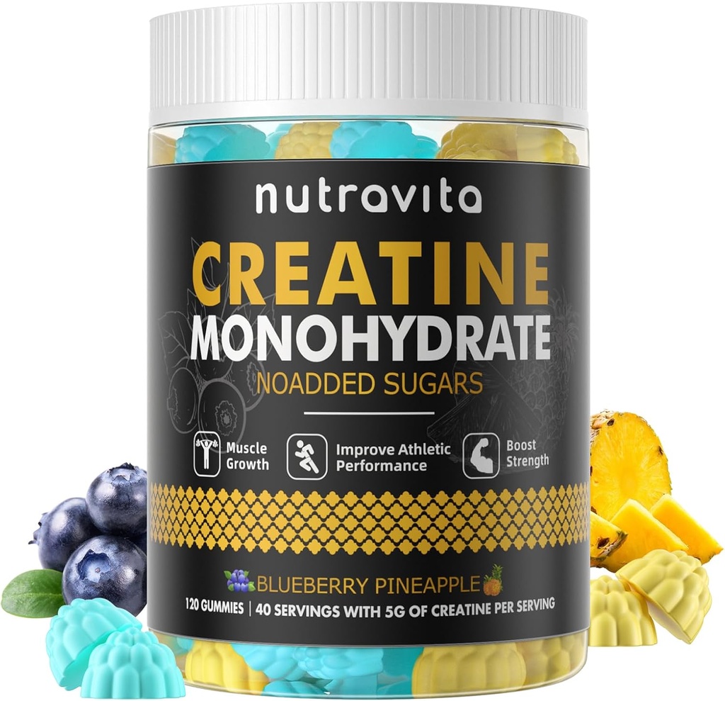 Nutravita Creatine Monohydrate Gummies for Mænd & Women- 5g Creatine Monohydrat per servering - Sukker fri, Vegan, Blåbær Ananas Arv, 120 Greve