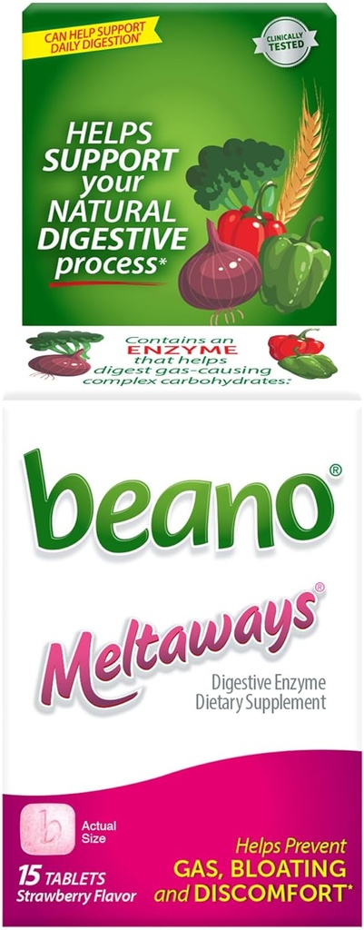 Beano Meltaways, Gas Prevention & Digestive Enzyme Supplement, Strawberry Flavor, 15 Count