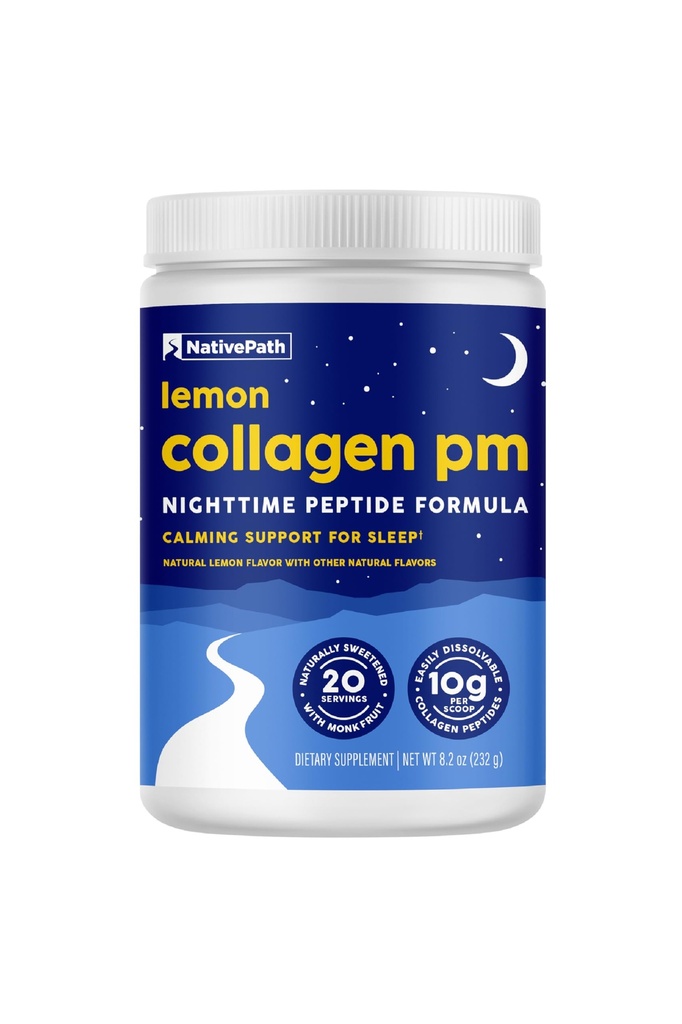 NativePath Collagen PM - Lemon Nighttime Collagen Peptider Pulver med Magnesium, GABA, L- Theanine og Melatonin - 20 Servere