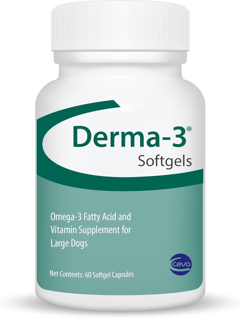 Ceva Derma-3 Softgel, Omega-3 Fedtsyre- og vitamintilskud til store hunde (60 greve)