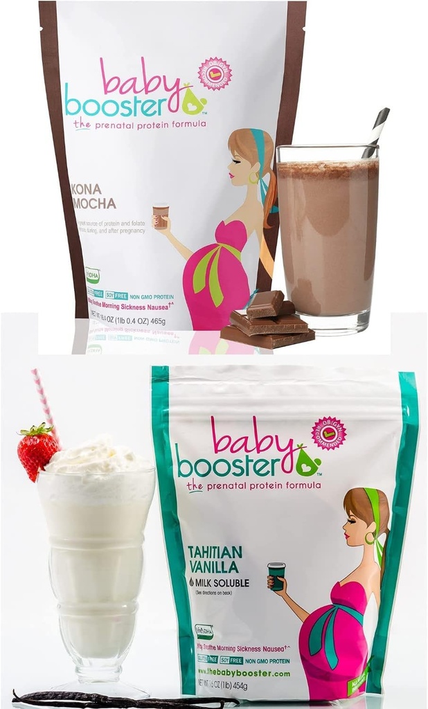 Baby Booster Prenatal Vitamin supplement Shakes, Kona Mocha og Tahitian Vanilla