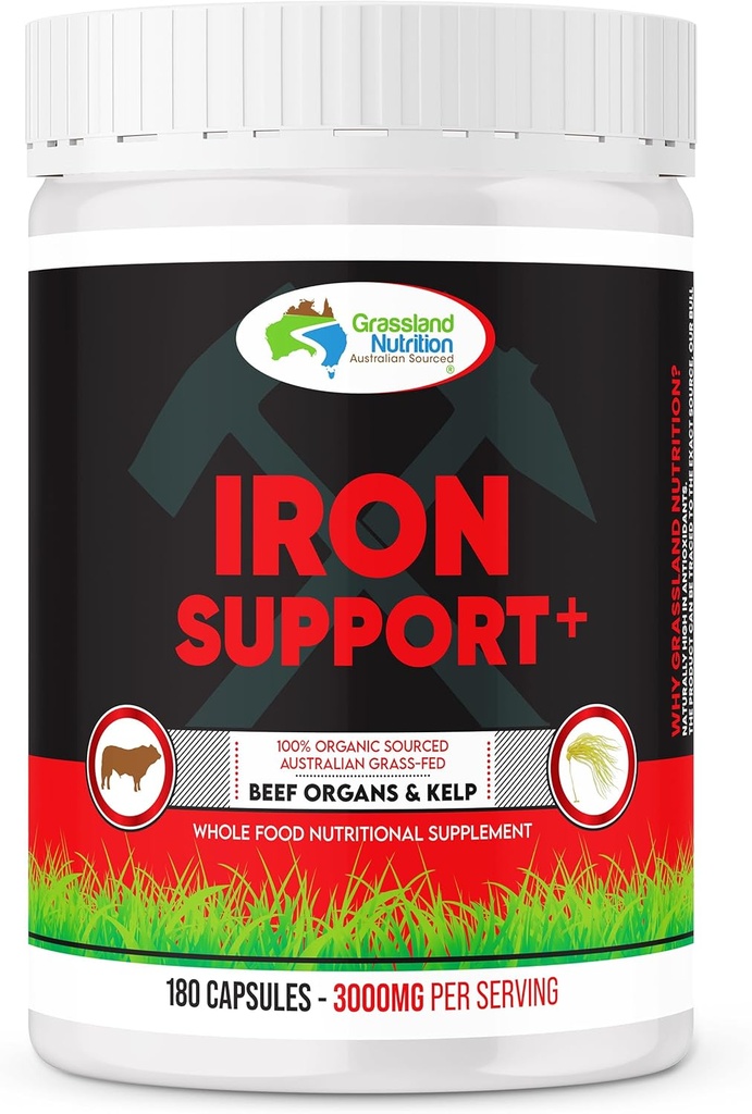 GRASSLAND NUTRITION 100% Økologisk Australsk: Iron Support Oksekød Blend og milt - Høj i jern, B12, jod (180 kapsler)