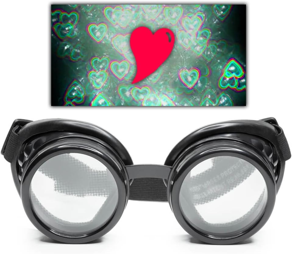 GloFX Black Heart Effect Diffraction Goggles - Se Hjerter - 3D Holografisk Visuals Edm Rave Outfit Steampunk Cosplay Cosplay Music Festival Essential