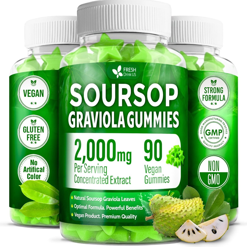 FRESHDRINKUS, Premium 90 Soursop Graviola Gummies, 2000mg per servering, 45 dages forsyning - 100% fra Natural Soursop Graviola Leaves Extract, Vegan, Non- GMO, Gluten- Free (90 Gummies)
