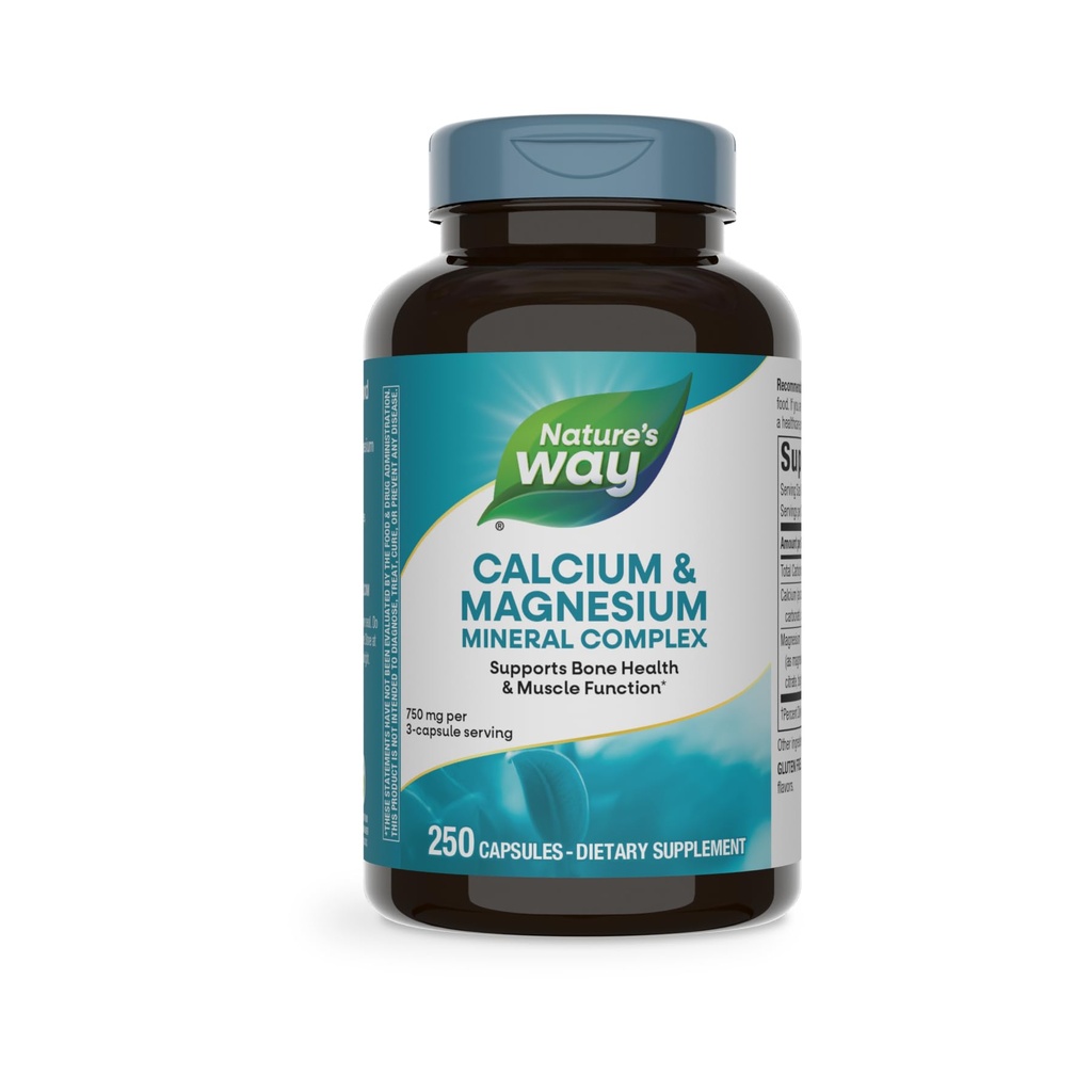 Nature 's Way Calcium & Magnesium Mineral Complex, Understøtter Bone Health & Muscle Function, * 750 mg pr 3 - Capsule Serving, 250 kapsler (Packaging May Vary)