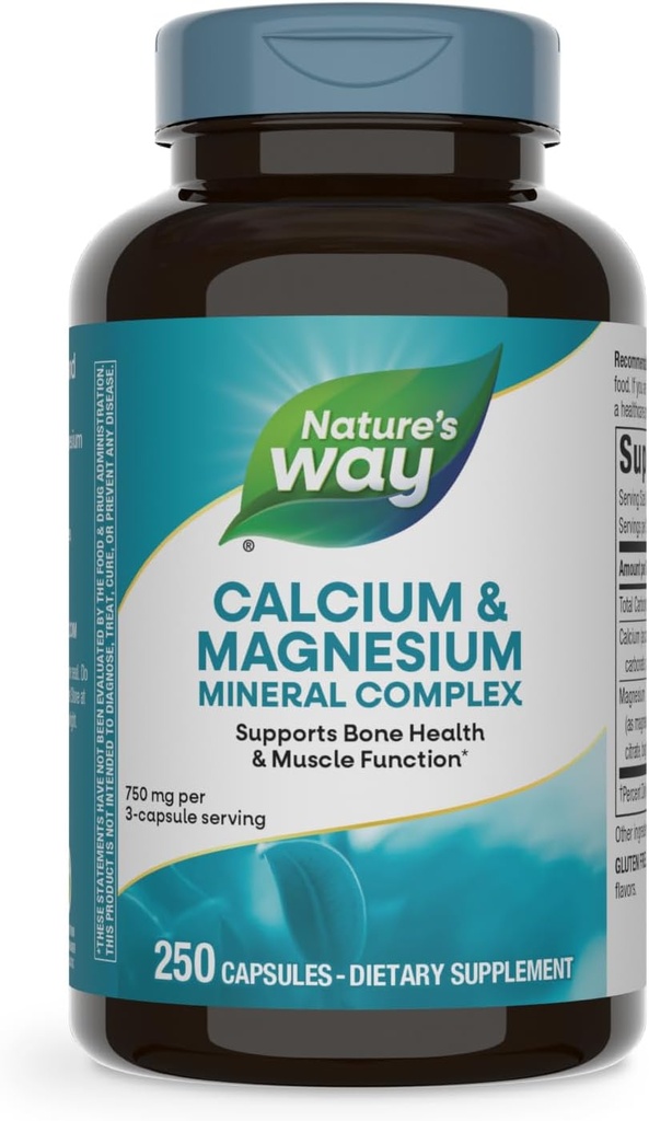 Nature 's Way Calcium & Magnesium Mineral Complex, Understøtter Bone Health & Muscle Function, * 750 mg pr 3 - Capsule Serving, 250 kapsler (Packaging May Vary)