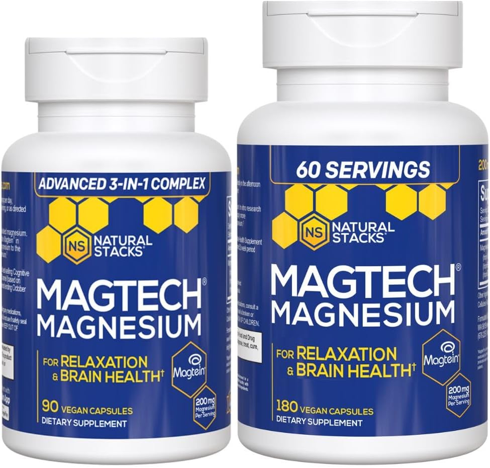 Naturlige stakke Magtech Magnesium Værdi Bundle - 3 former for Magnesium - Featuring Magtein L- Threonate - Understøtter afslapning og hjerne sundhed * - 270 Total Kapsler