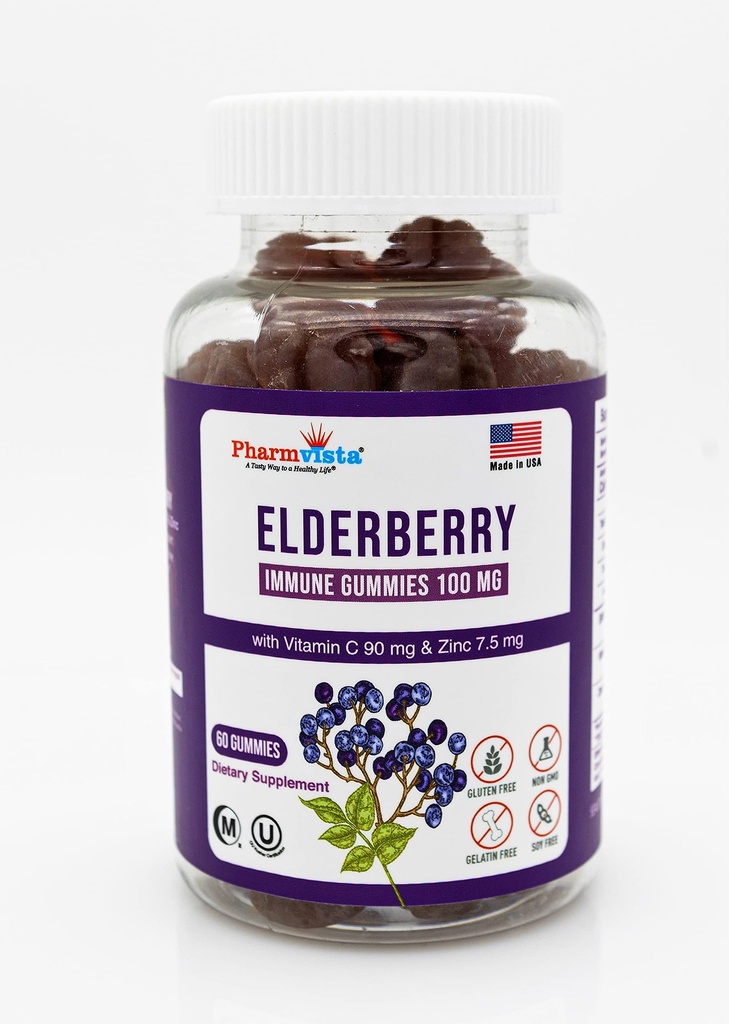 Elderberry Gummies 100mg med C-vitamin og zink - immunforsvar, Gluten Free Gummies med 7% anthoycyanin - 60 Greve