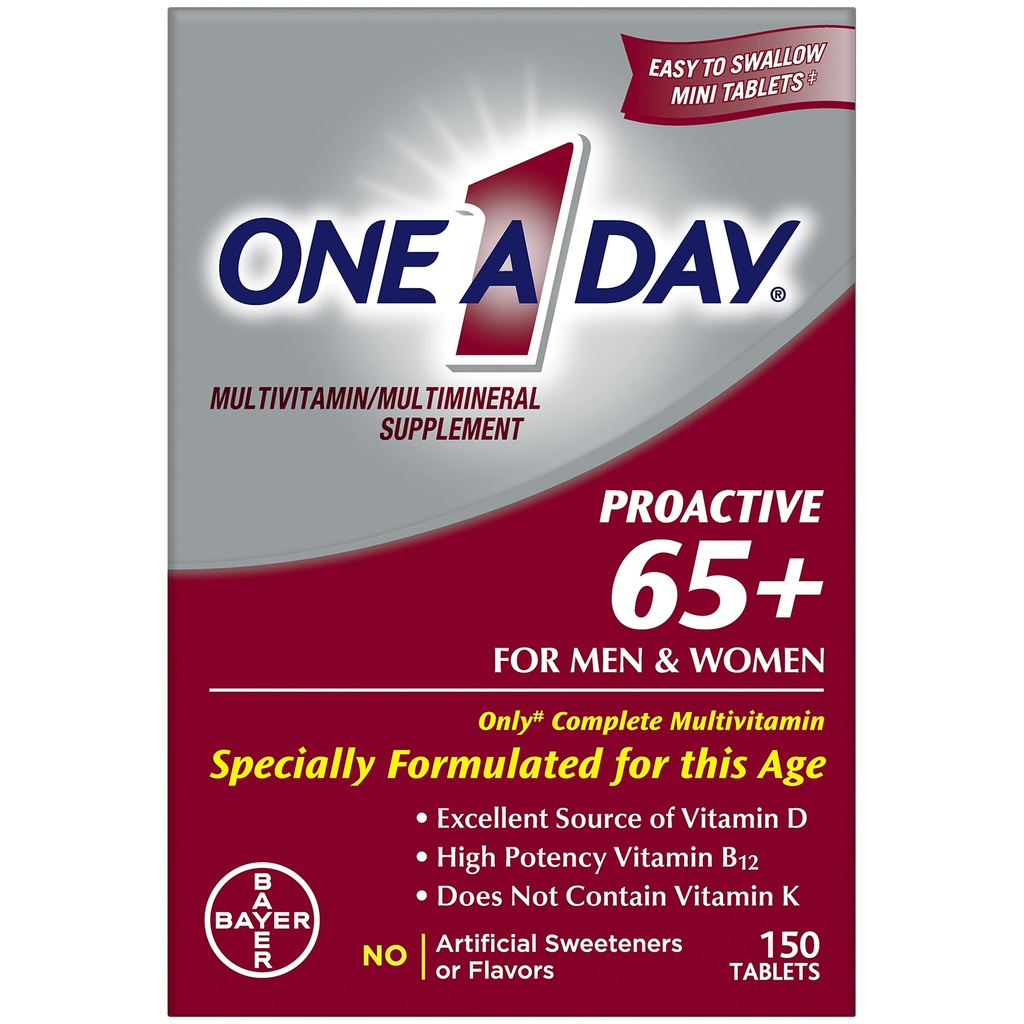 En dag proaktiv 65 +, Herre & Dame Multivitamin, supplement med vitamin A, C, D, og zink til støtte ben sundhed & celle sundhed, calcium, folinsyre, Tablet 150 Tæl