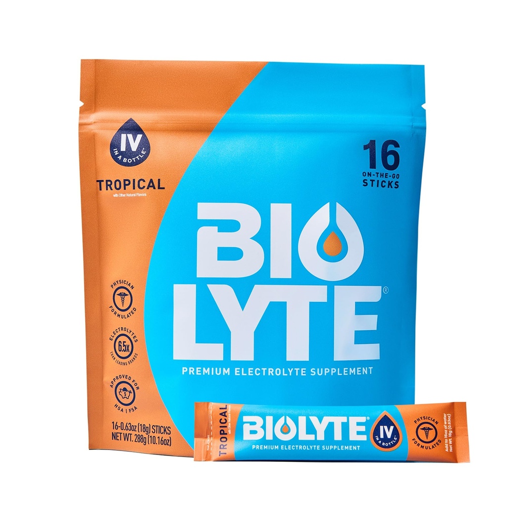 BIOLYTE IV Electrolyte Powder Packets, IV flydende drik mix til vand, Doctor- Udviklet hydrering, HSA & FSA Godkendt dehydrering Relief, Kemoterapi skal hugge for kvinder & mænd - Tropisk (16 sticks)