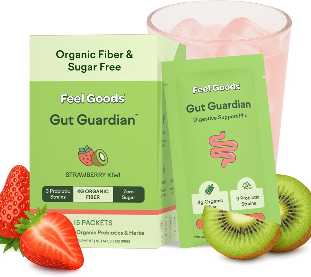 Feel Goods Gut Guardian, Organic Fiber, Probiotic & Prebiotic Powder, Sugar Free, Urter til Bloat, Gut Health Support, fordøjelsessygdomme for mænd og kvinder, Ikke GMO, Vegan, Jordbær Kiwi, 15 Greve