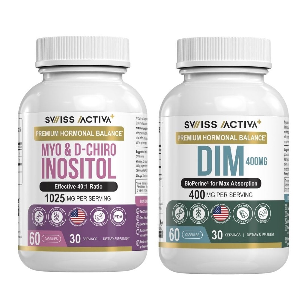 Swiss Activa + DIM & Myo- Inositol Bundle - Hormonbalance & PCOS støtte til kvinder - menstruationscyklus, mood, østrogen, og ovarie sundhed - 60- Day Supply