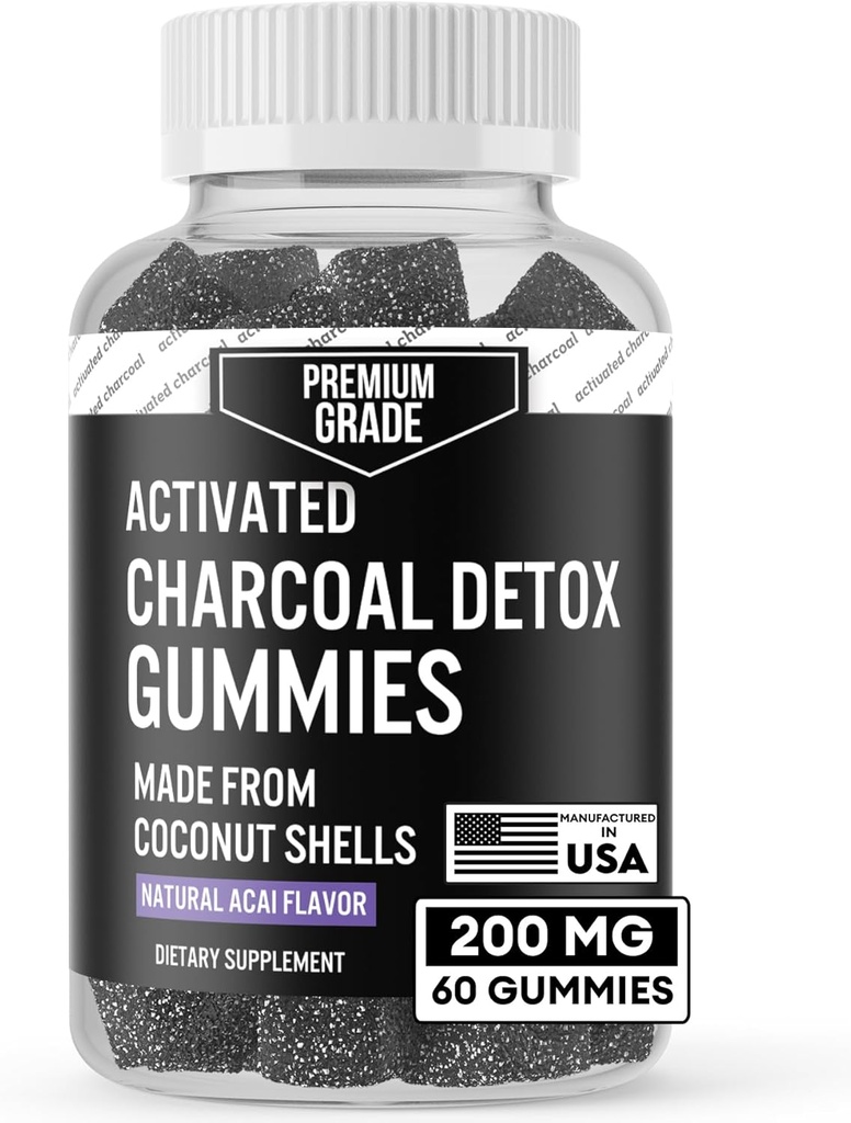 Premium Grade Aktiveret Charcoal Gummies - Kokosolie Charcoal Kosttilskud til Detox Support, Oral Health, Mave & fordøjelse - Sikker for børn - No Bloat Vegan Gummy - Natural Acai Flavor (60 Greve)