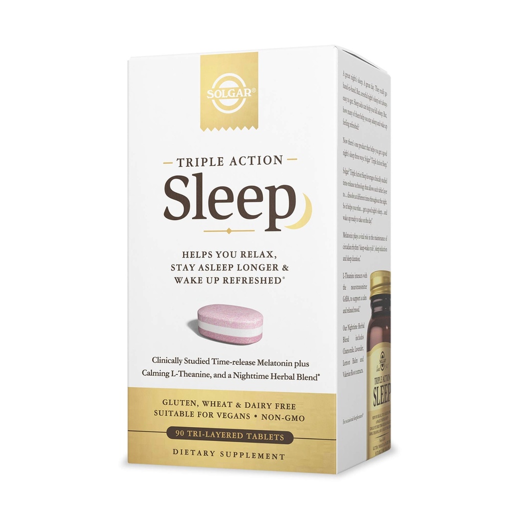 Solgar Triple Action Sleep, 90 Tri- Layer Tablets - Time- Release Melatonin & L- Theanine Plus Herbal Blend - Hjælper dig slappe af - Non- GMO, Gluten Free - 90 Serveringer