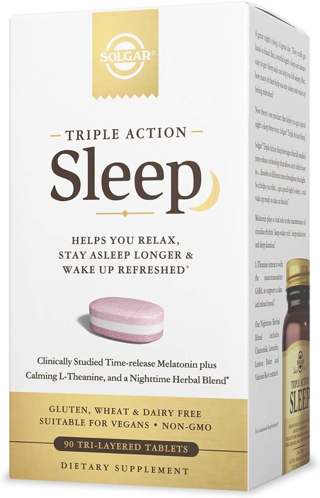 Solgar Triple Action Sleep, 90 Tri- Layer Tablets - Time- Release Melatonin & L- Theanine Plus Herbal Blend - Hjælper dig slappe af - Non- GMO, Gluten Free - 90 Serveringer